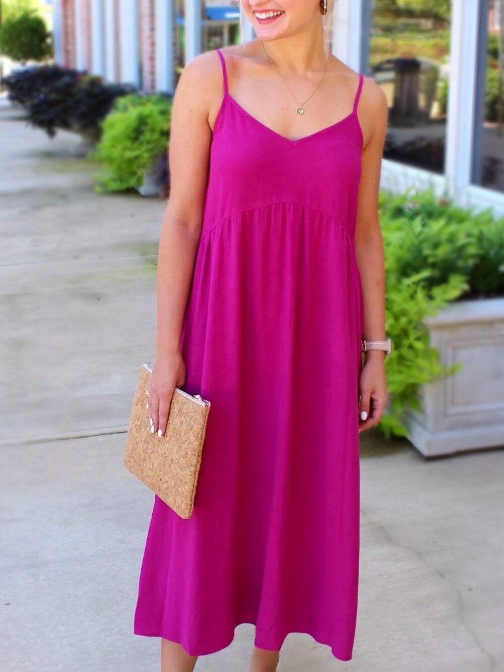 Linen Blend Midi Sundress Empire Waist Fuchsia Pink Dress Universal Thread M NWT
